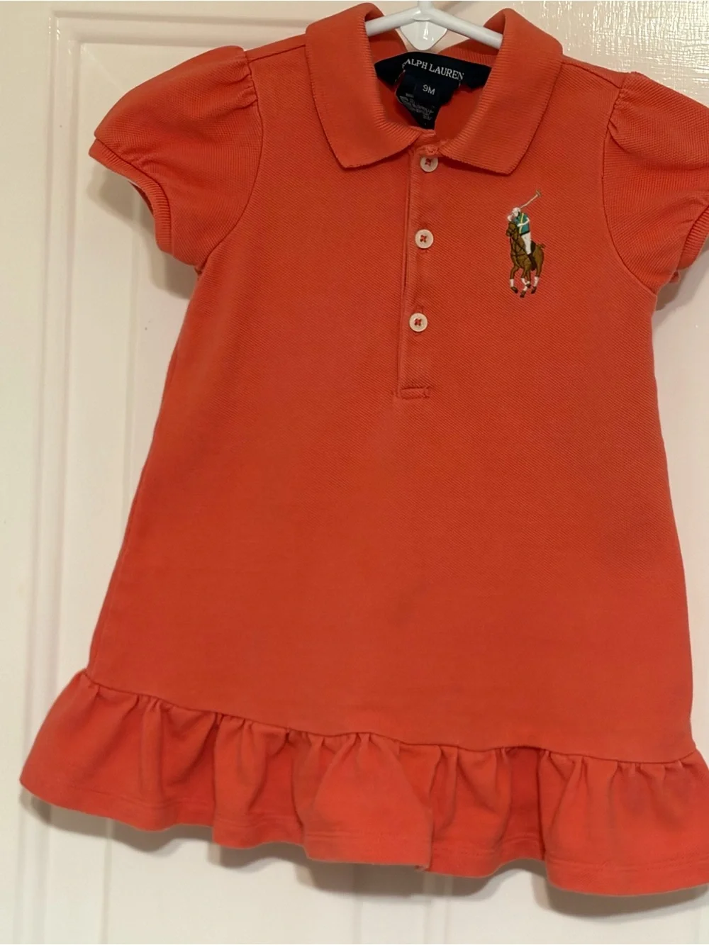 Ralph Lauren Baby Girls Orange Dress w/Ruffle Hem & Large Polo Pony 9 Months